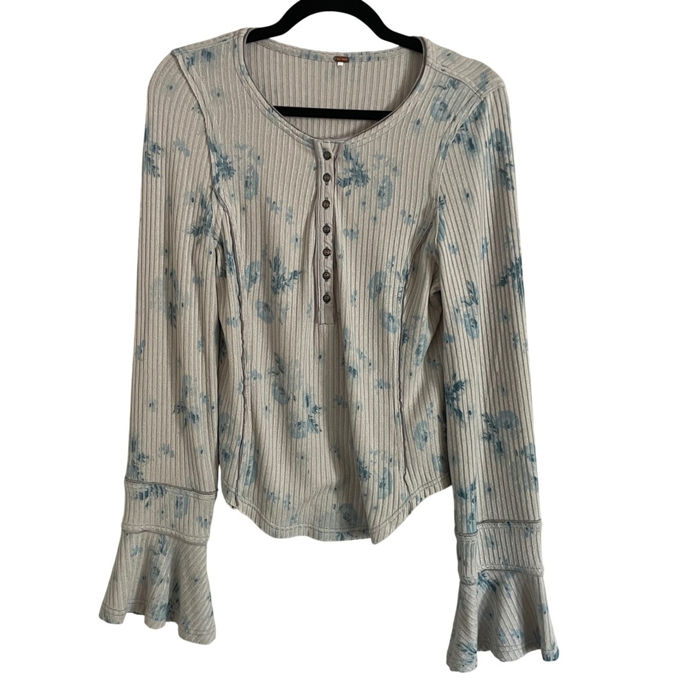 Free‎ People Henley Top Womens Large Blue Floral Ribbed Bell Sleeve Boho Grunge
